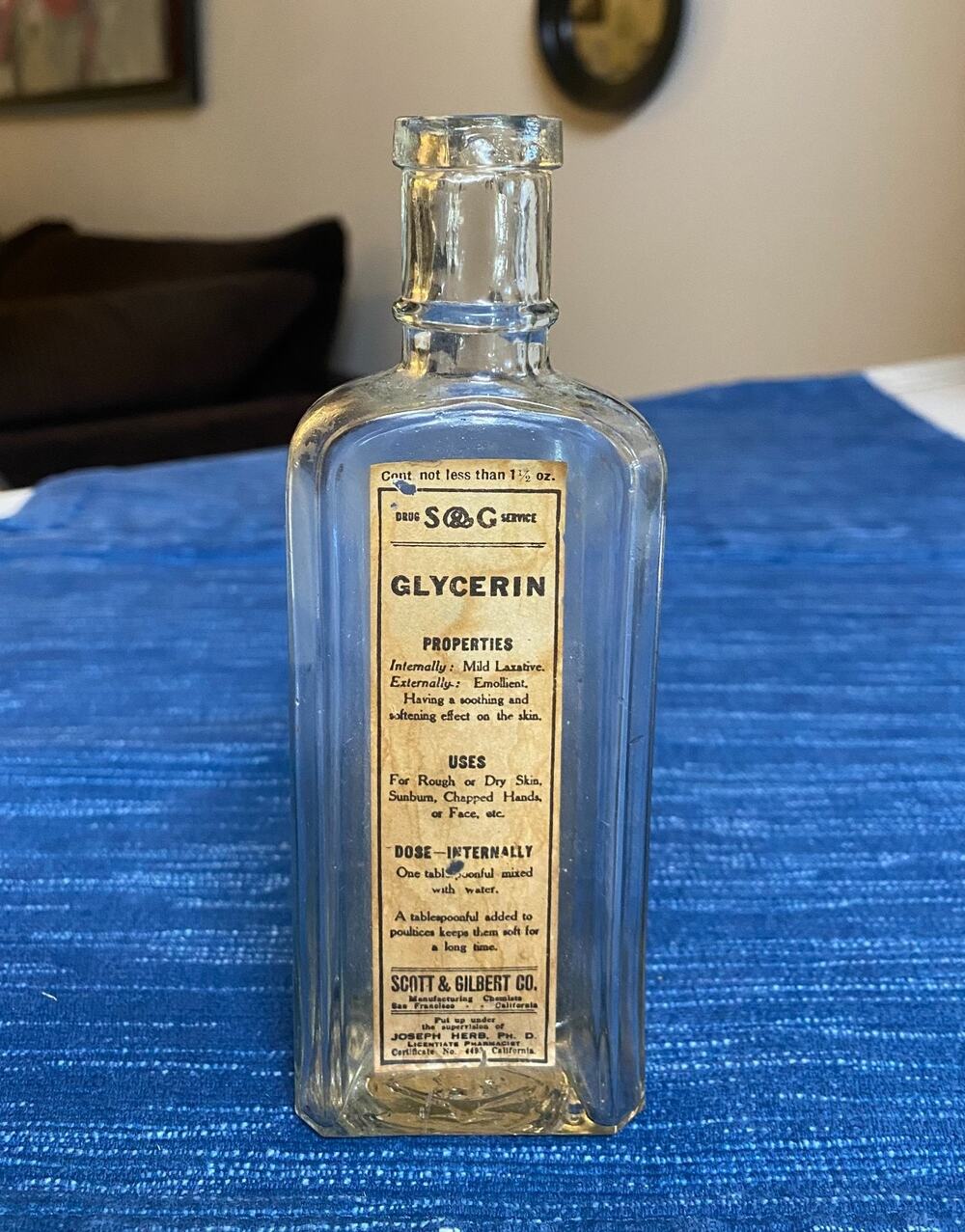 Vintage Paper Label Pharmacy Bottle Scott Gilbert Glycerin San Francisco CA 108B